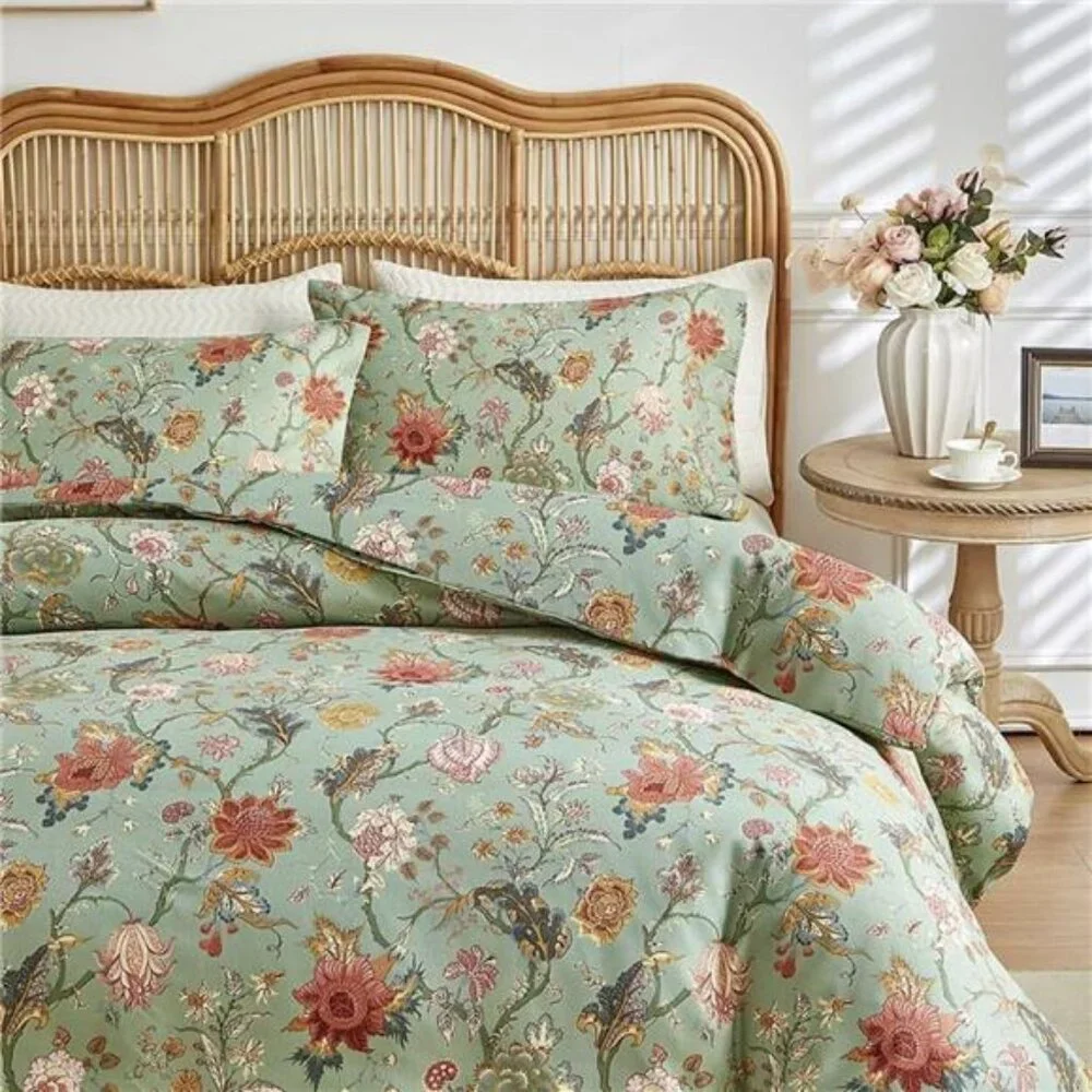 NEW Anthro Green Floral Queen / King Size Boho Retro Duvet Bedding Sham Case Set
